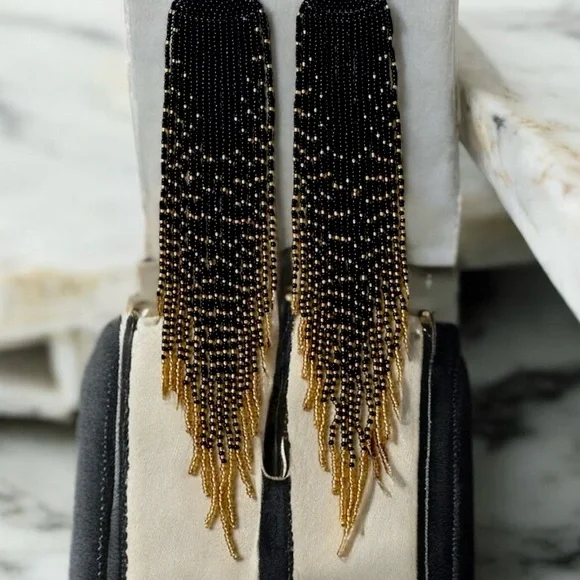 Dramatic Black and Gold Hand Beaded Cascade Earrings - Picture 8 of 16